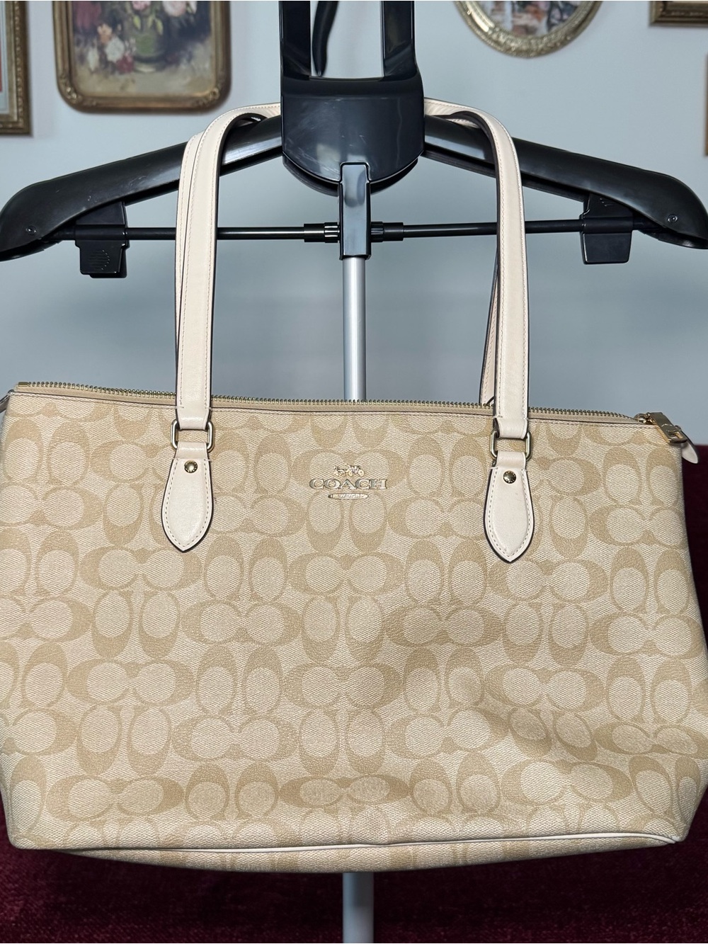 Coach Signature Canvas Gallery Tote Bag in Beige with Cream Leather Trim